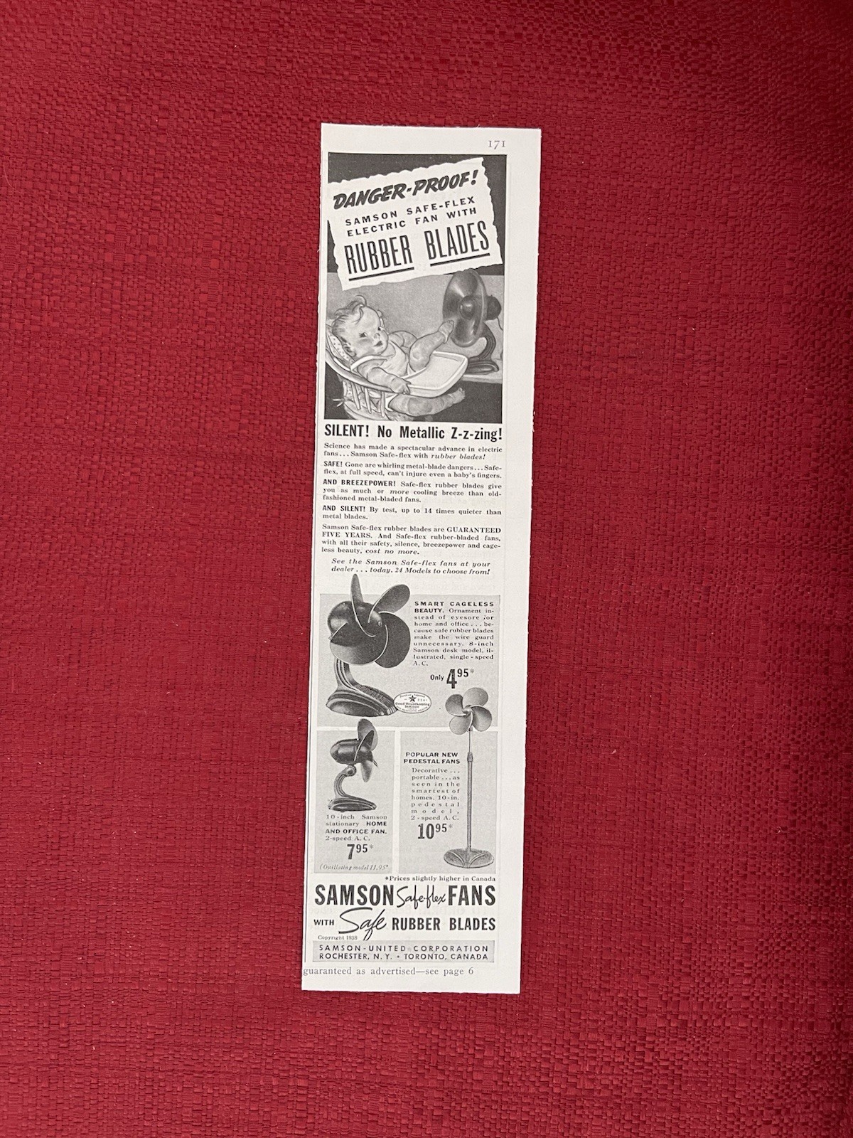 Vintage 1938 Print Ad Samson Safe Flex Fans With Rubber Blades Advertisement