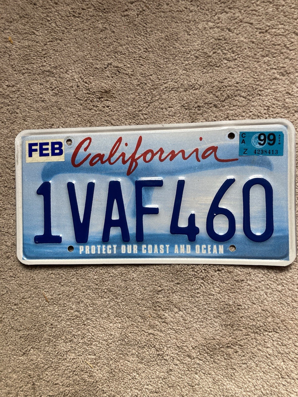 1999 California "Whale Tail" License Plate - 1VAF 460 - Nice Natural!