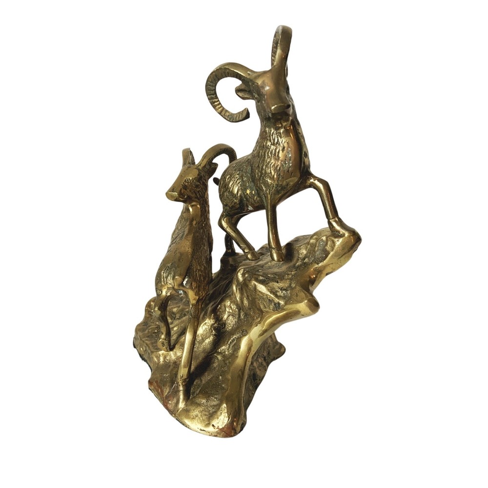 Vintage Mid Century Solid Brass Rams on Hillside Ram Figurine