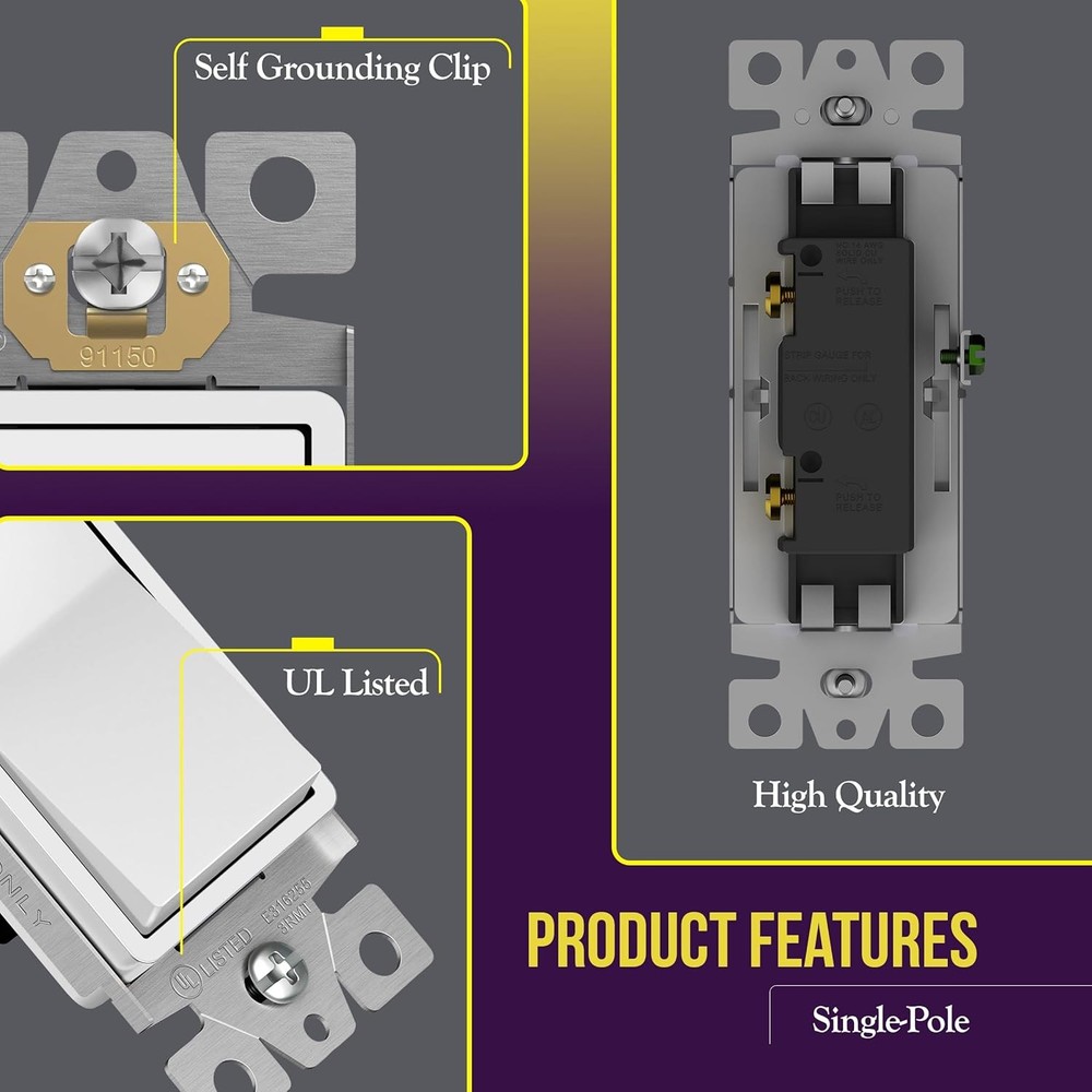 Decorator Paddle Rocker Light Switch, Gloss Finish, Single Pole, 3 Wire