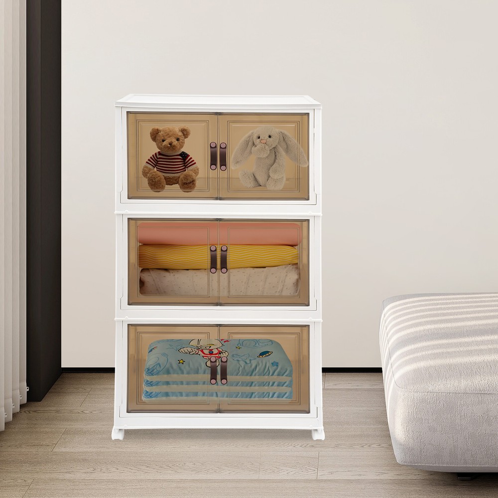 3PCS Foldable Stackable Storage Cabinets with Wheels White 25.59*16.54*43.5in US