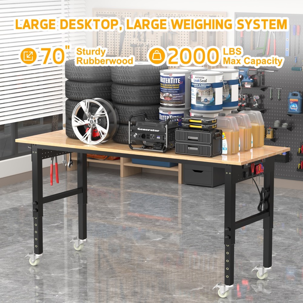 70'' Adjustable Workbench with Socket, Wheels ,Fixed Legs and Hanging Board