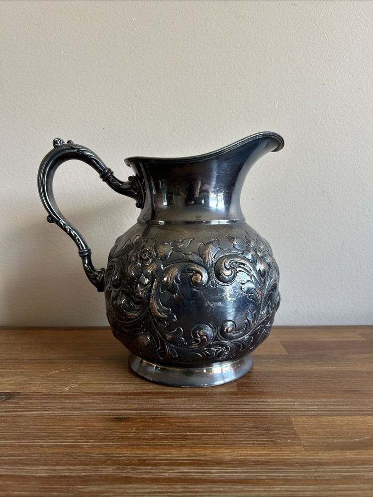 Antique Silver Plated Ornate Detailed Flower Pattern Floral Water Pitcher