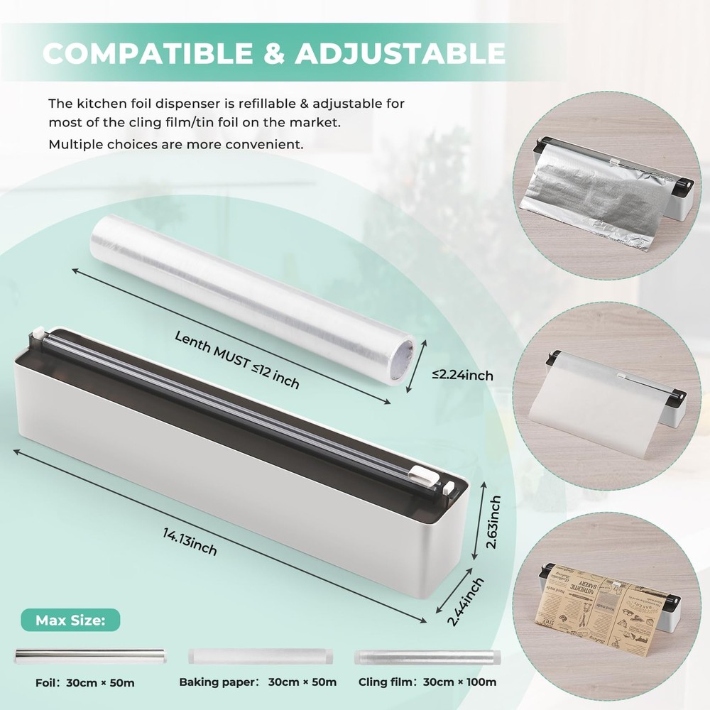 Magnetic Plastic Wrap Dispenser with Cutter - Practical Refillable Aluminum T...