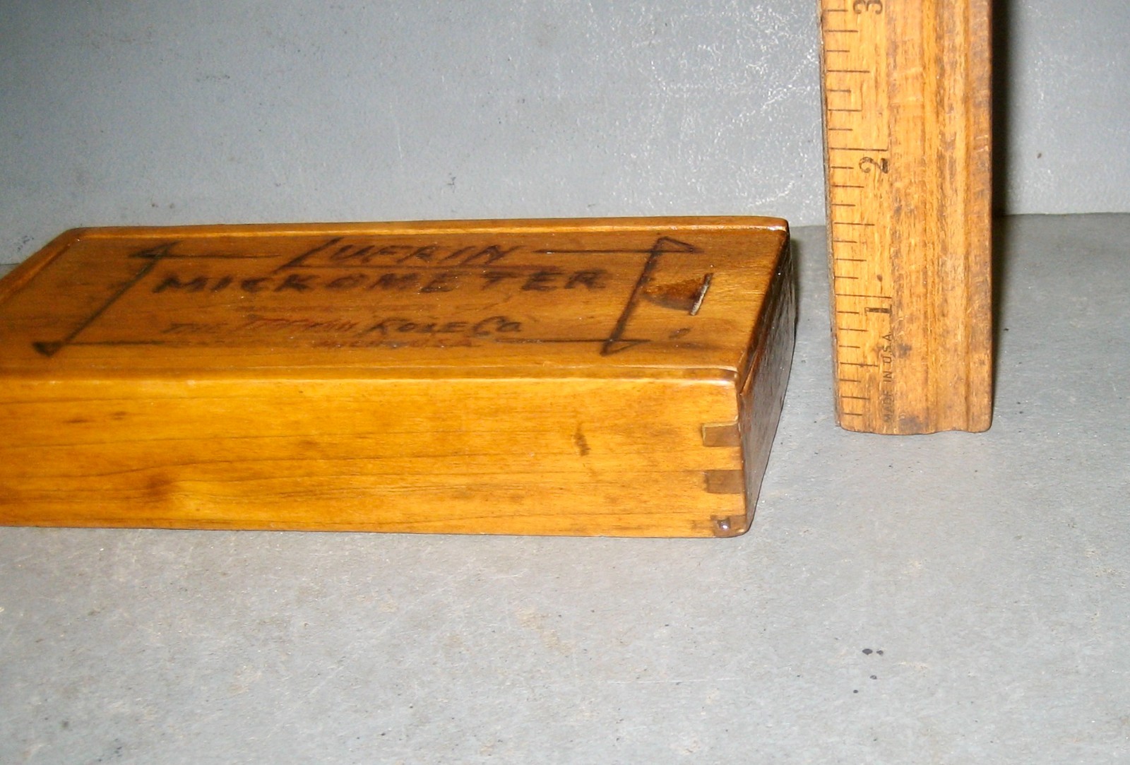 Lufkin Micrometer Wood Storage Box with garage humor: spelled Lufrin Mickometer