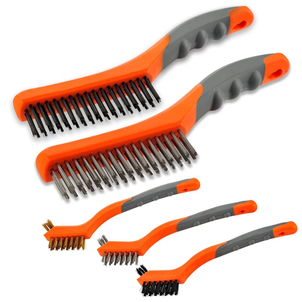 5Pcs Wire Brush Set for Rust, Dirt & Paint Removal - Durable Curved Handle