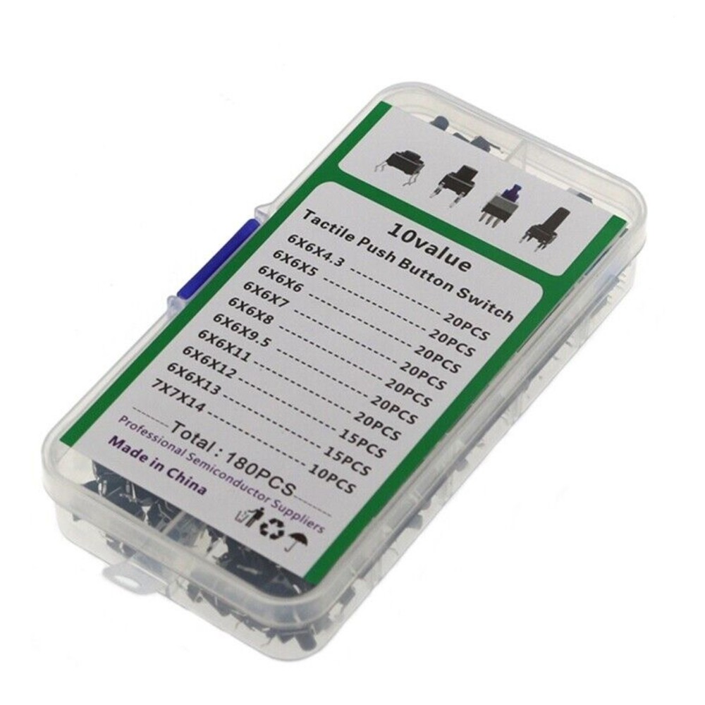 180PCS 10 Type 6X6 Light Touch Switch Push Button Switch Kit Assortment T2N9