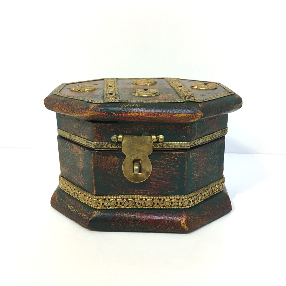 Vintage Handcrafted Brass Work Unique Shaped Wooden Box
