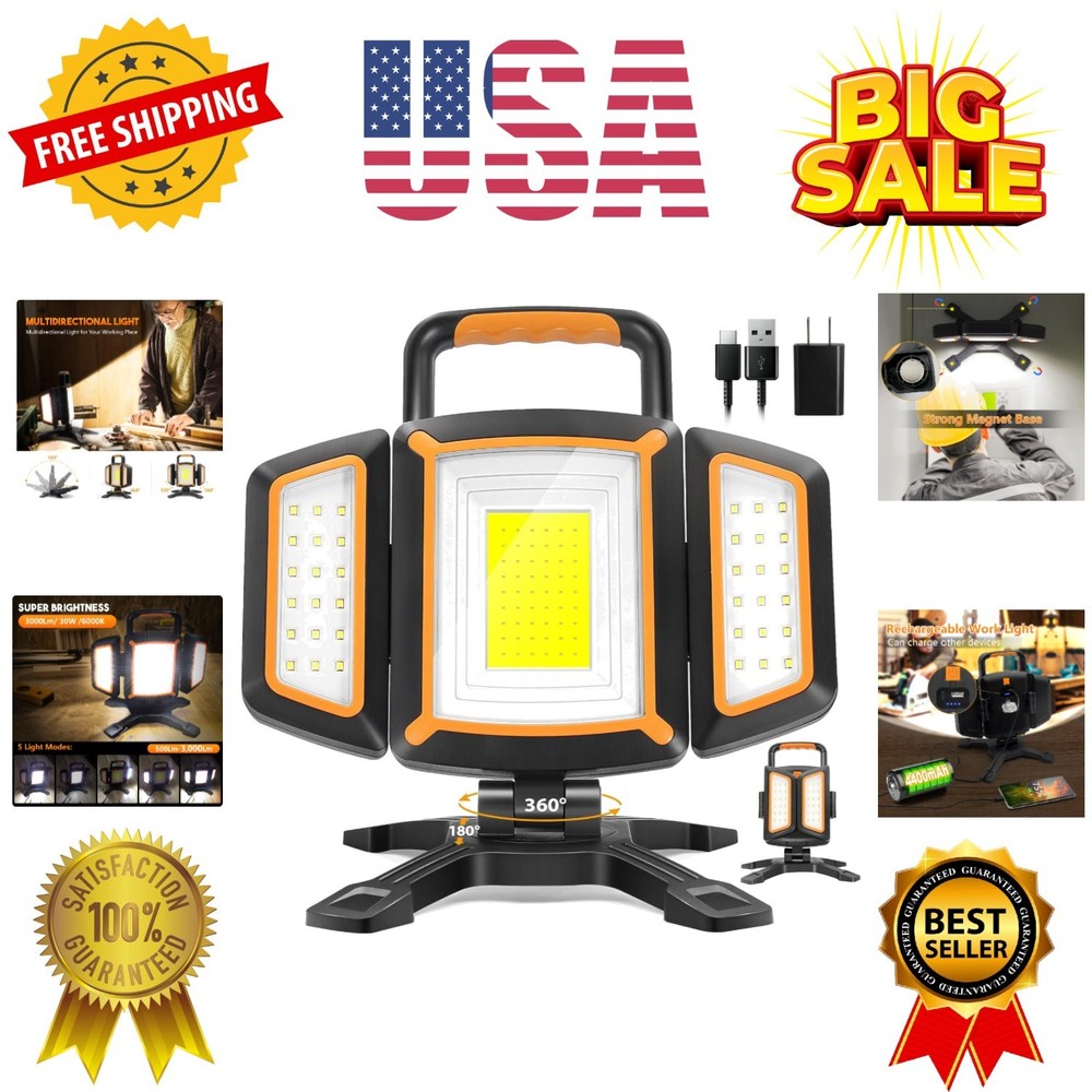30W Rechargeable Work Light, 3000 Lumen Magnetic Work Light Battery Powered, ...