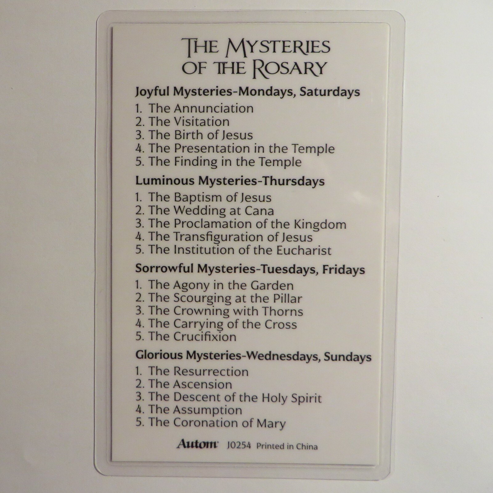 The Mysteries of the Rosary (Large Print) - Laminated Holy Card