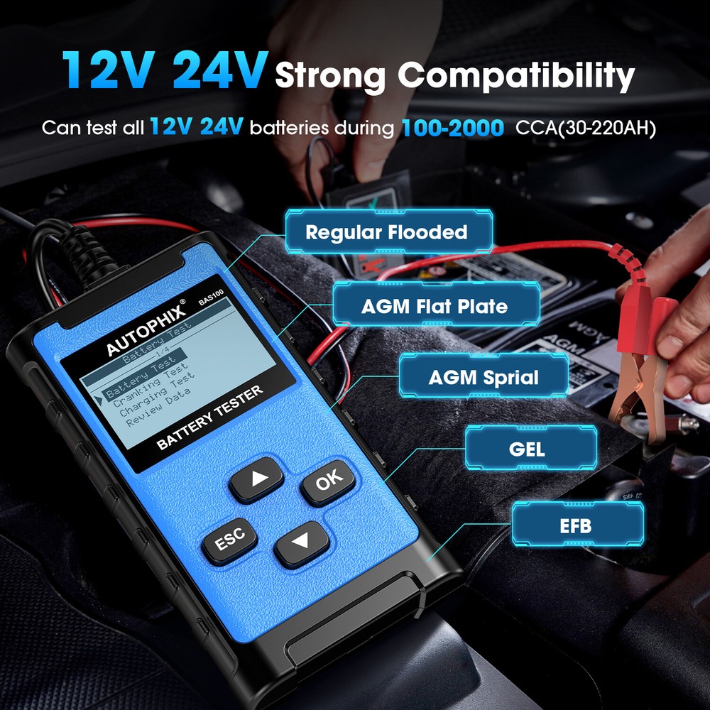 AUTOPHIX BAS100 2000CCA 12V 24V Car Battery Load Tester Charging System Analyzer