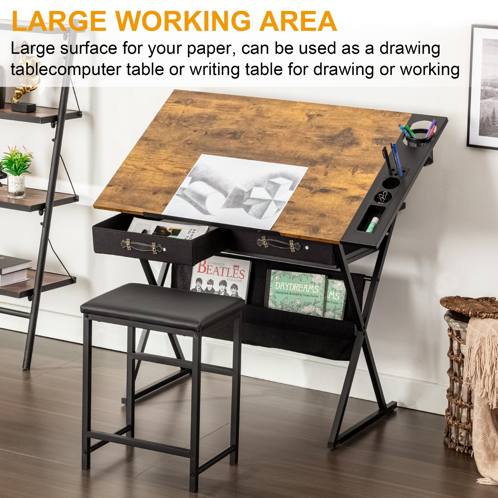 Art Craft Table Drawing Table Tiltable Tabletop w/Stool and 2 Storage Drawers