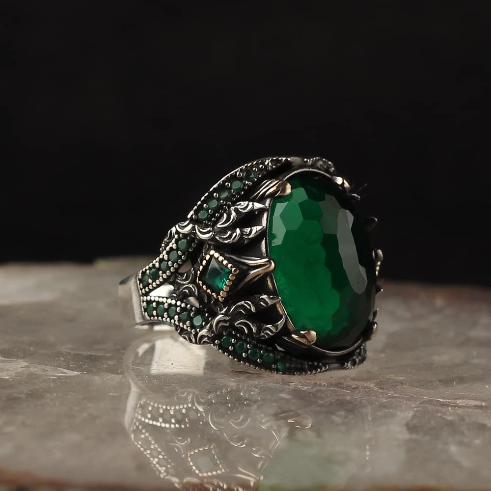 Emerald Stone Men Silver Ring, 925 Sterling Silver Emerald Gemstone Ring,