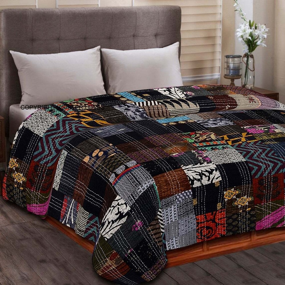 Indian Handmade Silk Patchwork Kantha Quilt King Size Blanket Bedspread Throw