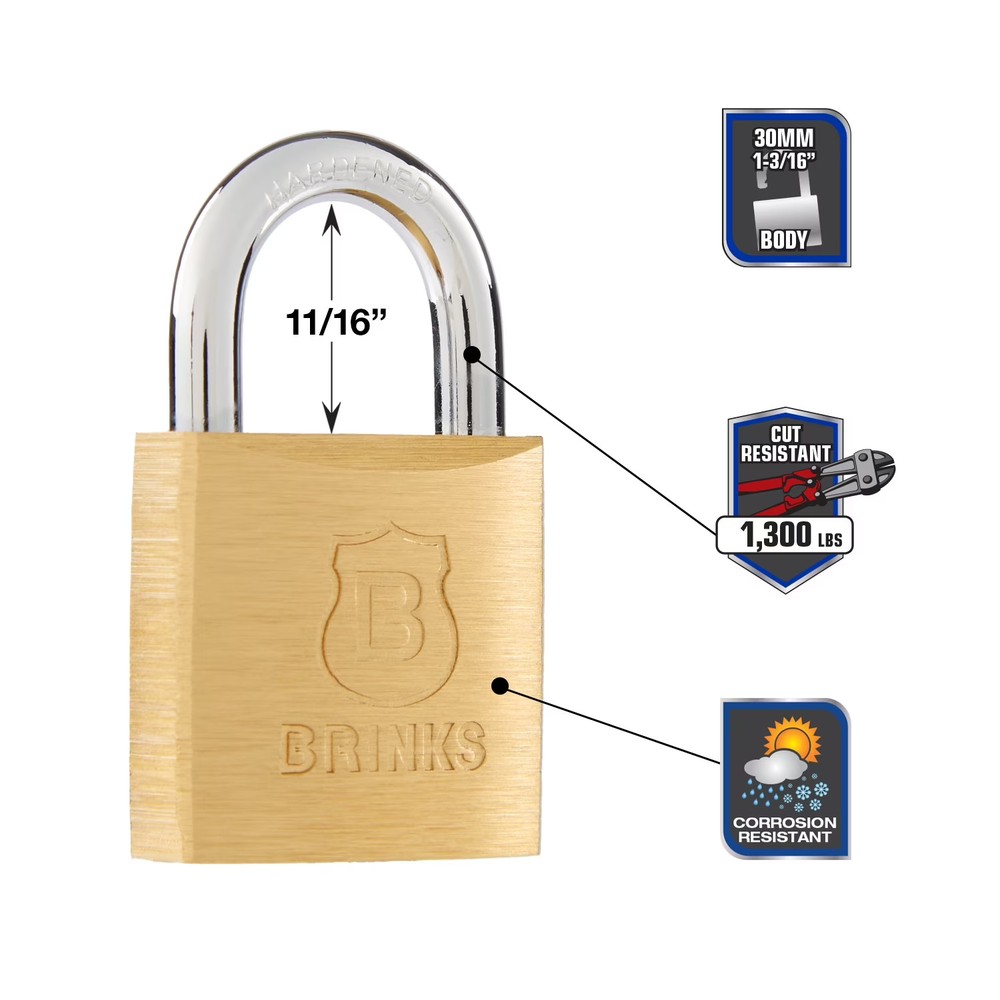 (3 pack) Brinks Solid Brass 30mm Keyed Padlock with 5/8in Shackle