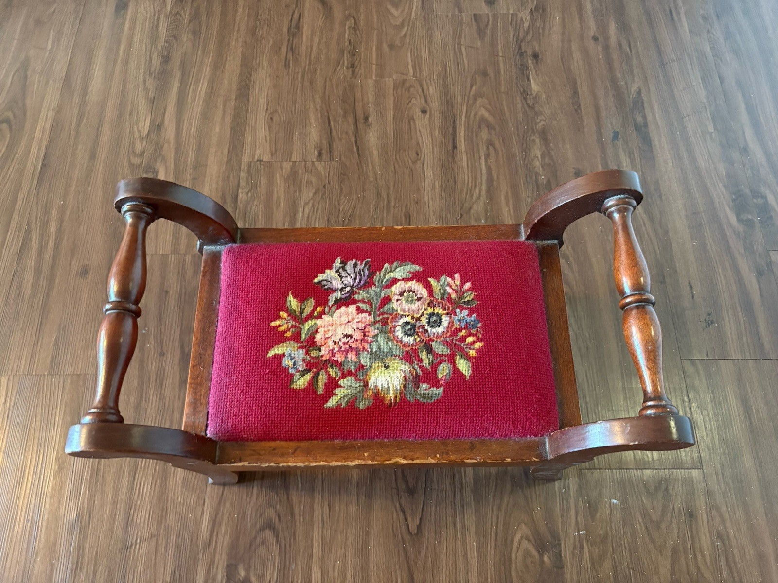 19thC Antique Victorian Footstool Bench Floral Needlepoint Petit Point