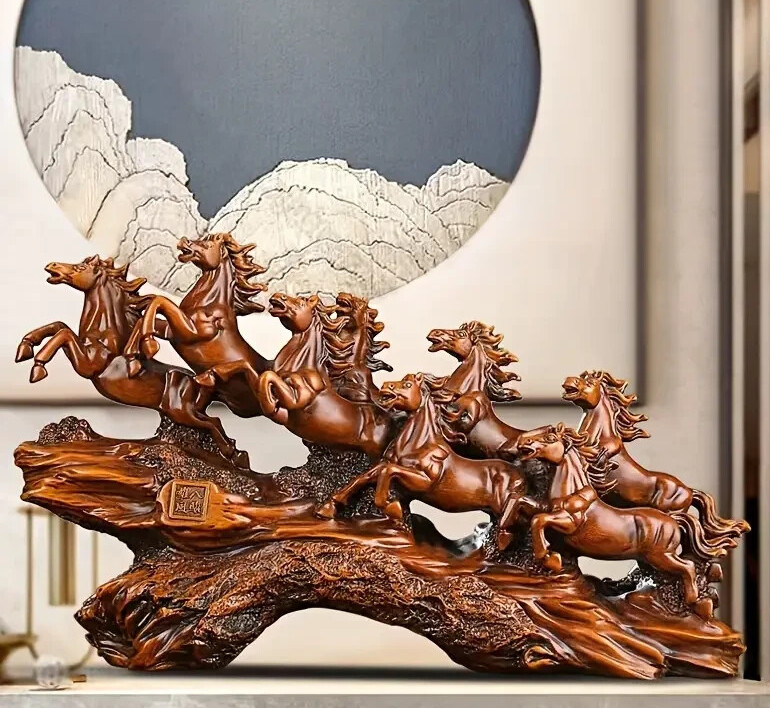 NEW 14" Stunning 8 Horse Stampede! Woodsy Brown Resin Figurine Sculpture 8x14