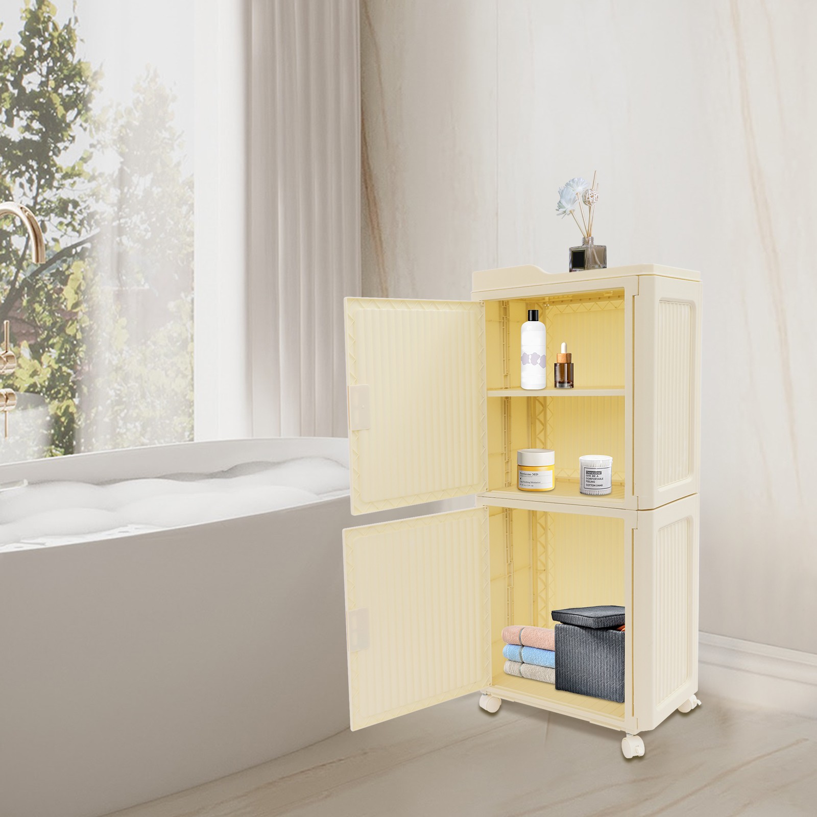 Narrow Slim Storage Cabinet, Storage Cabinet with Lockable Wheels PP 37*22*83cm
