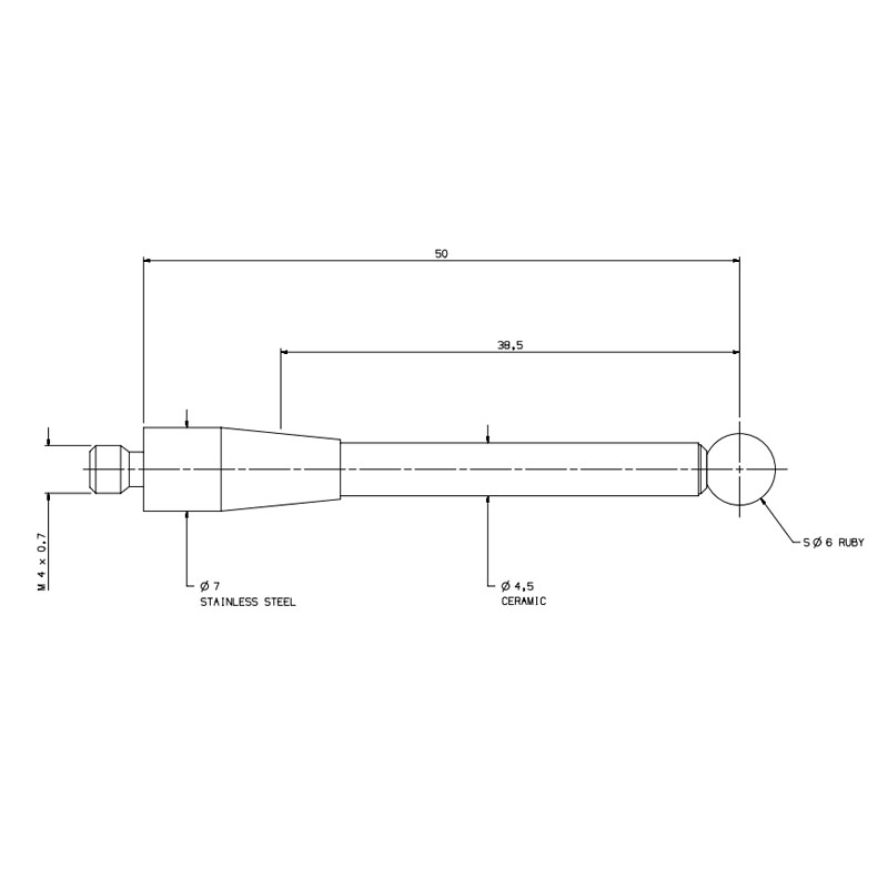 1pc CMM Touch Probe M4 Thread 6mm Ruby Ball 50mm Length Ceramic Stem A-5000-3709