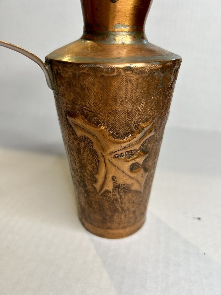Antique Copper Hand Hammered 7” Pitcher With Stylized Leaf Forms