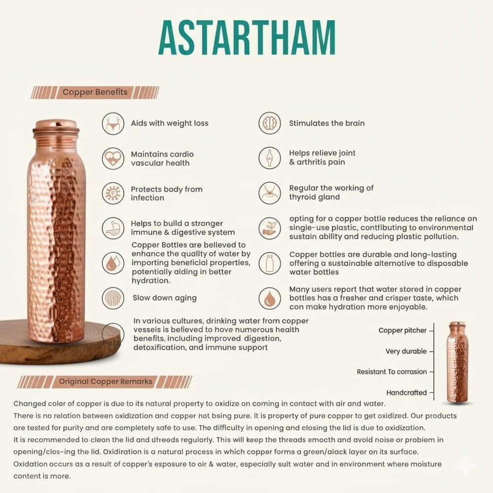 Pure Copper Water Bottle with Tumbler Set, Solid Ayurvedic Drinkware