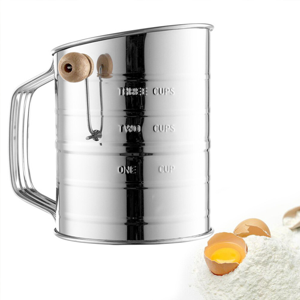 US 1-2 Pc Stainless Steel Flour Sifter Fine Mesh Rotary Hand Crank Wire Agitator