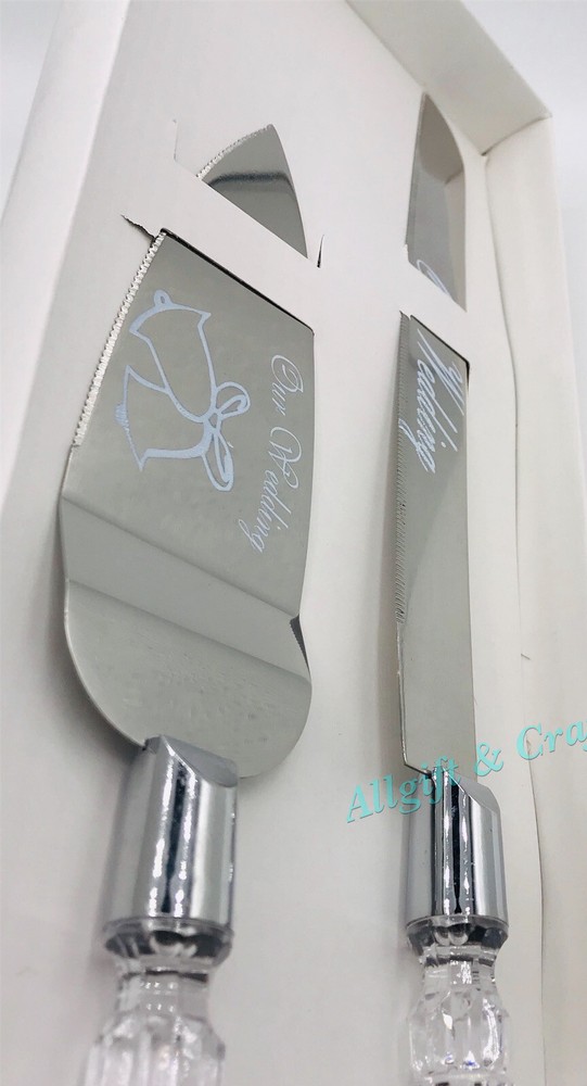 OUR WEDDING CAKE KNIFE AND SERVER SET EMBOSSED WITH BELL DESIGN - SILVER