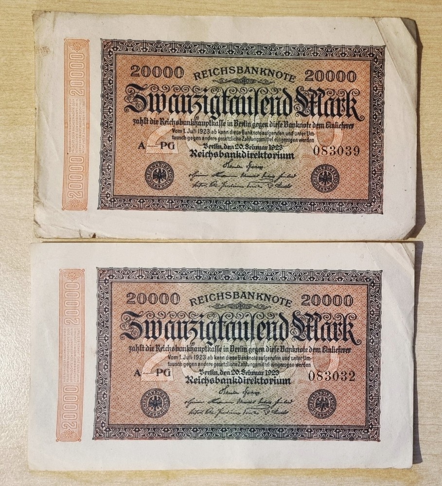 1923 Germany 20000 Mark Banknotes – Close serial numbers