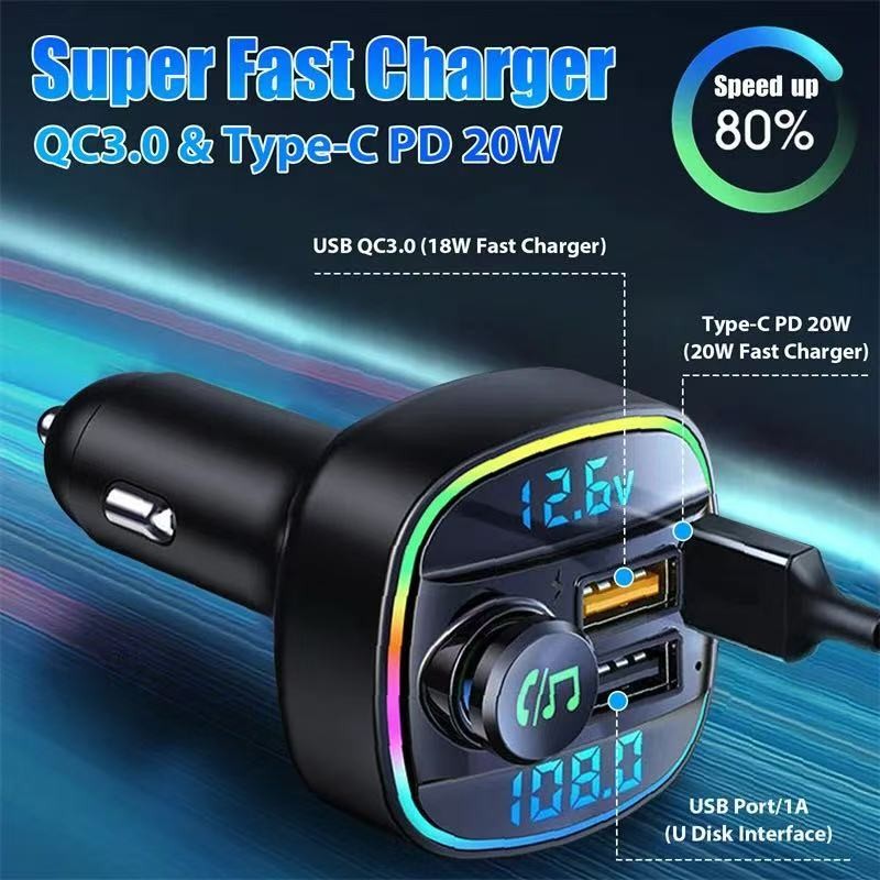 Bluetooth 5.0 Car Wireless FM Transmitter Adapter USB PD Charger AUX Hands LOT