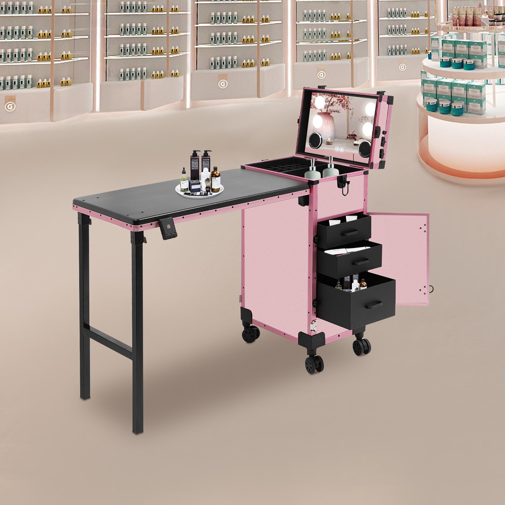 Movable Makeup Case W/Foldable Beauty Table and Makeup Mirror For Makeup Artists