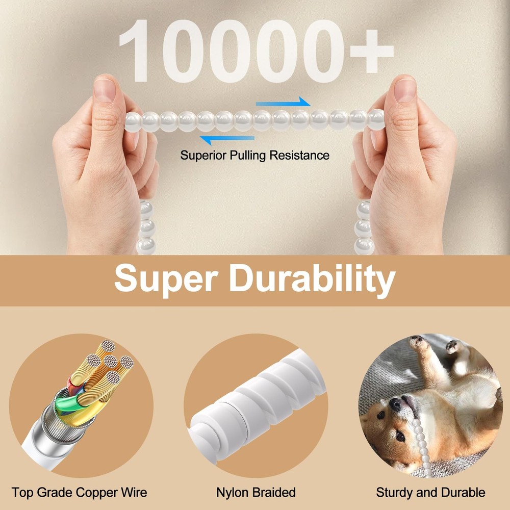 4 in 1 USB C Cable 3FT Beaded Multi Charging 1M/3.3FT, White Round