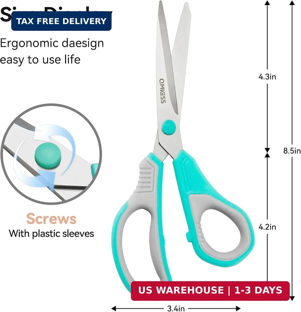 QMVESS 8.5" Scissors All Purpose 3 Pack, Ultra Sharp 2.5mm Thick Blade Scissors