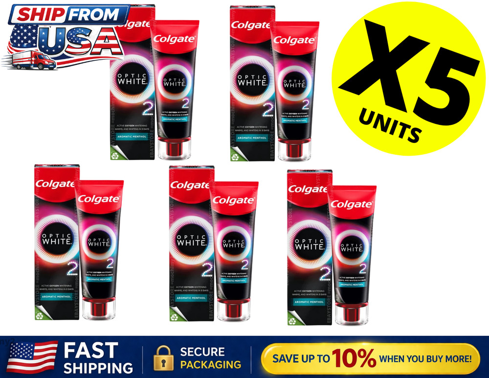 Pack of 5 Colgate Optic White O2 Whitening Toothpaste Active Oxygen Bubbles 85 g