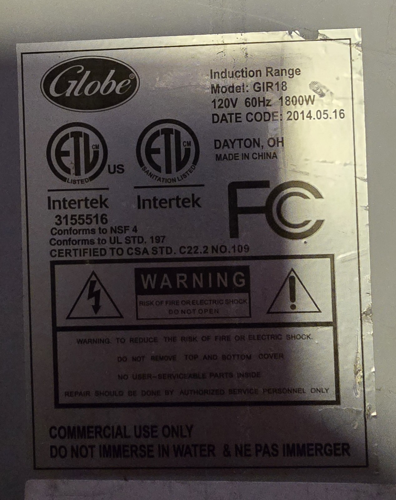 Globe GIR18 Commercial Induction Cooktop 1800W Black Countertop Range TESTED