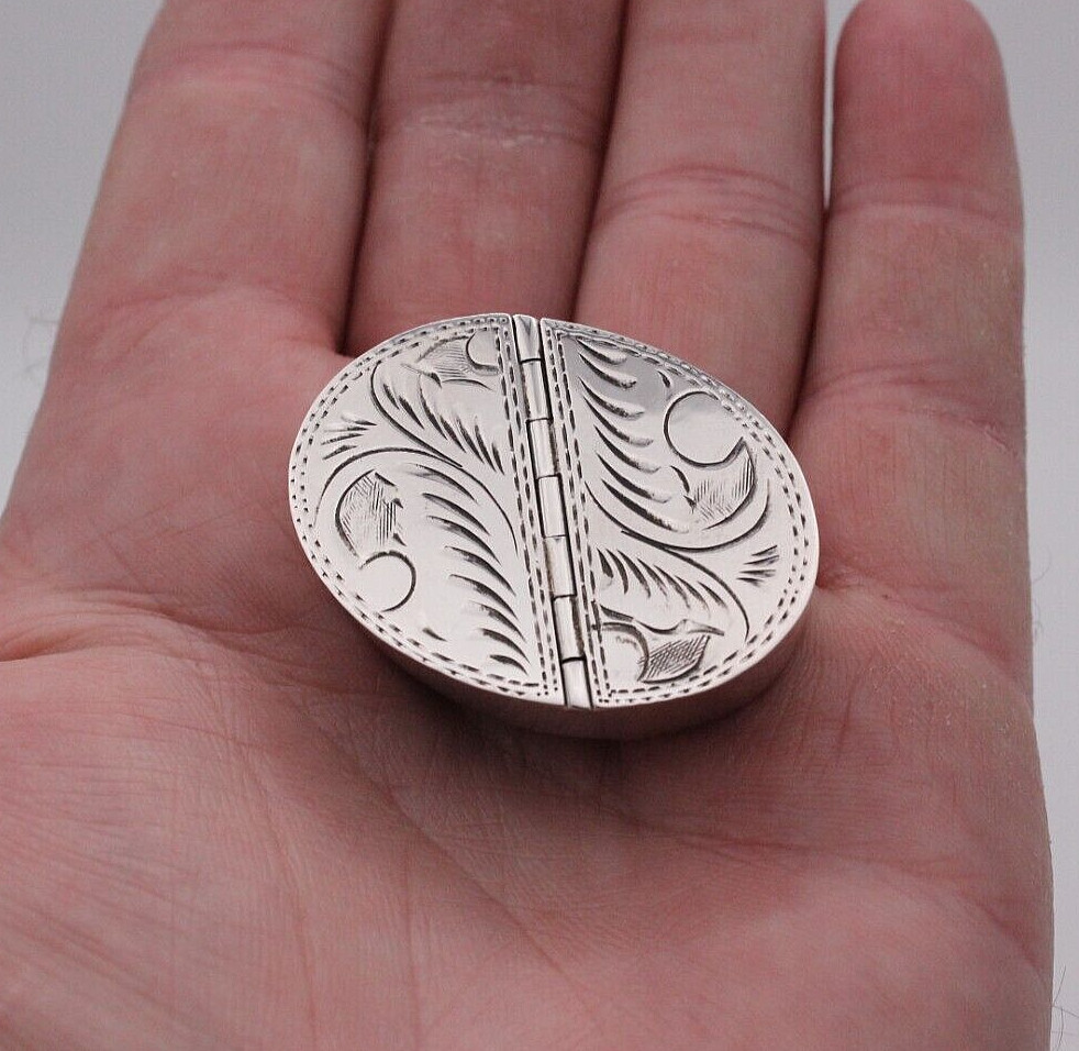 Sterling Silver Pill Box Double Opening , Engraved ,Oval 3.8 cm long