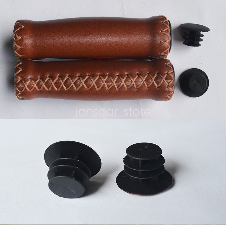Brown Beach Cruiser Bike Bicycle Leather Handlebar Cover Grips Bar with End Cap