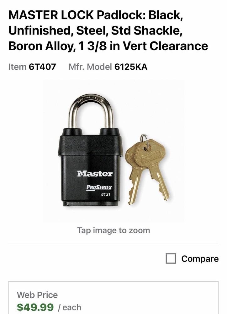 Master Lock 6125Ka Padlock, Keyed Alike, Standard Shackle Rectangular Steel Read