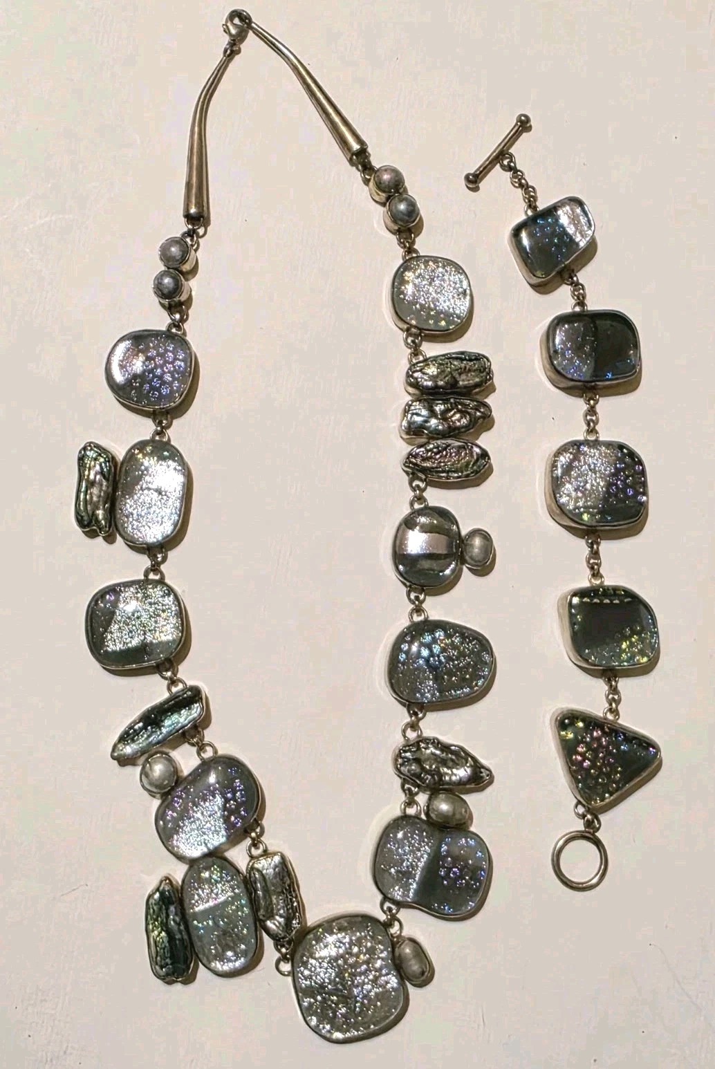 Signed Sterling Silver Dichroic Art Glass Necklace Bracelet Set Large Statement
