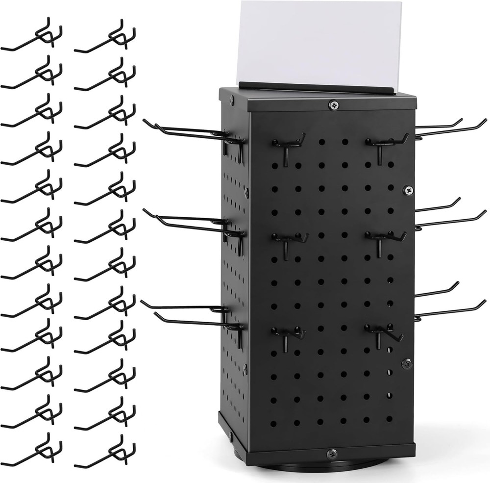 Rotating Pegboard Display Stand With 24 Hooks, 4-Sided for Products, Accessories