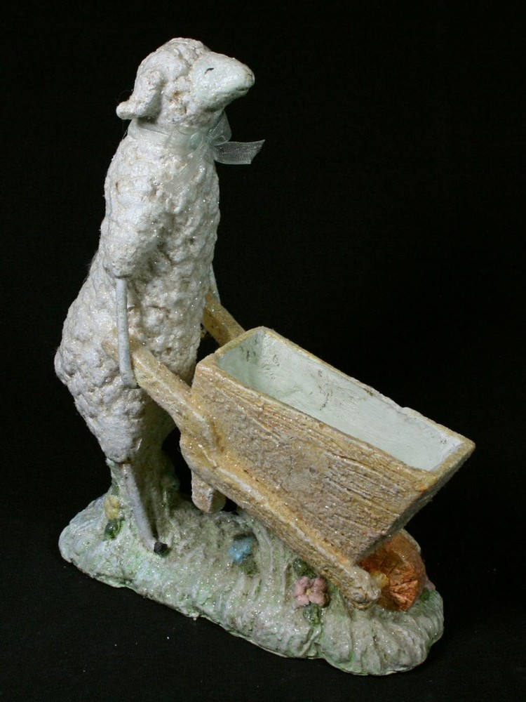 Mache Sheep Pushing Wheelbarrow Easter Spring  Planter Or Candy Dish