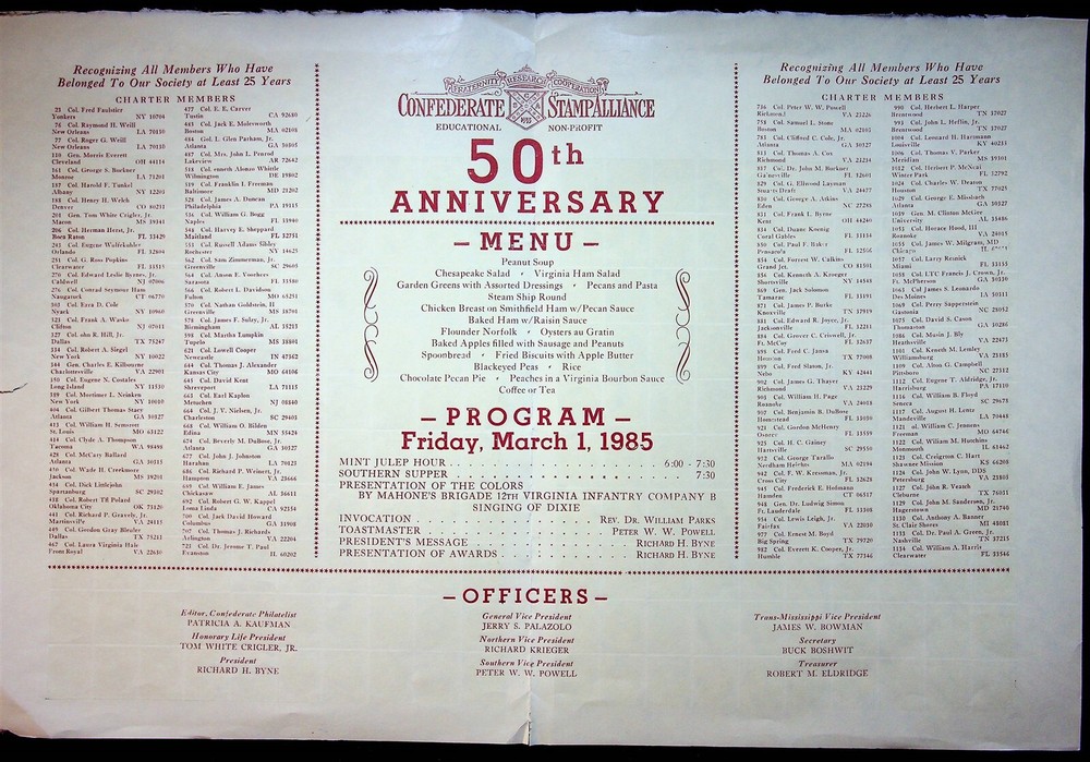 Confederate Stamp Alliance Program & Menu 1985 50th Anniversary