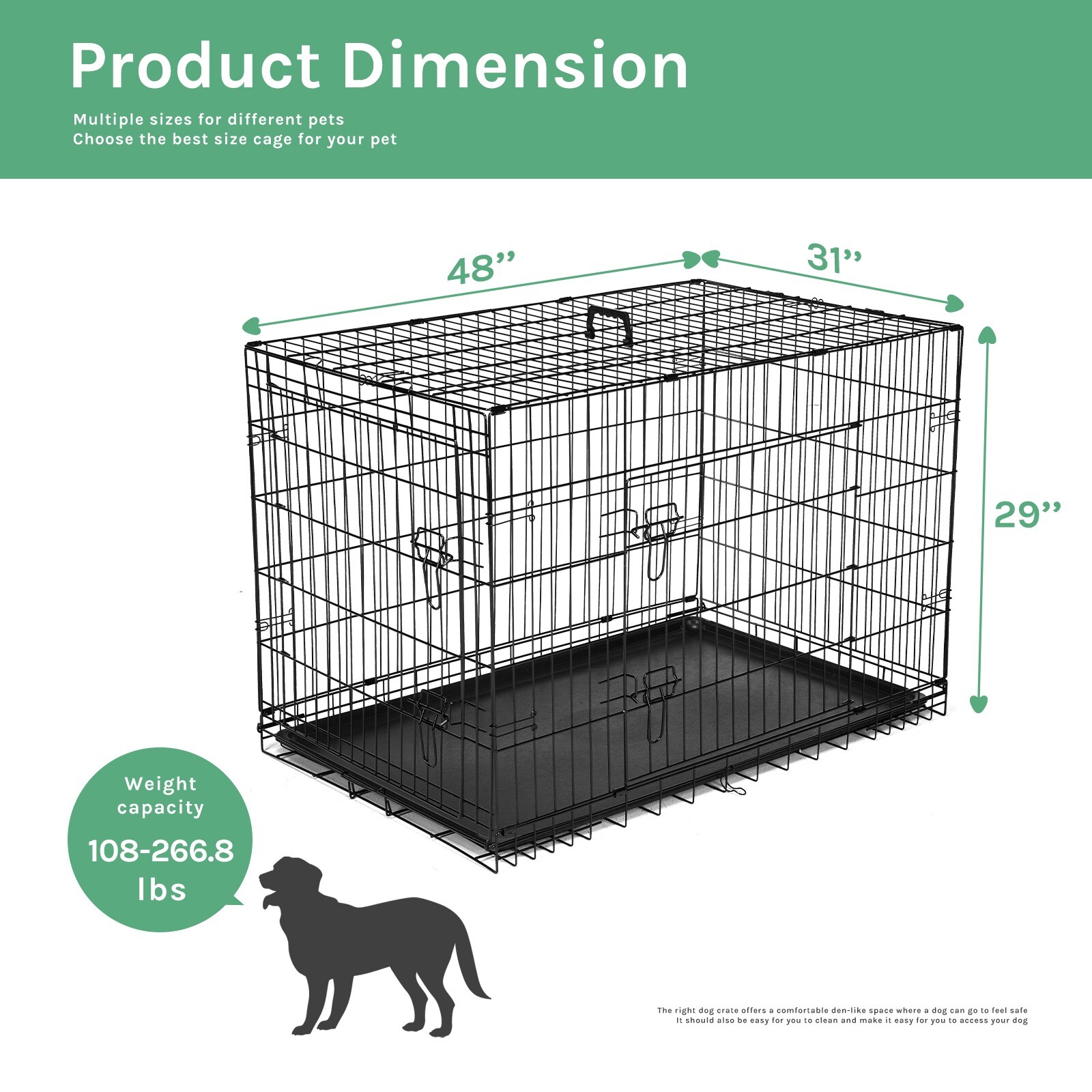 Dog Crate Double Door Pet Cage Wire Metal Kennel Removable Tray Divider Panel
