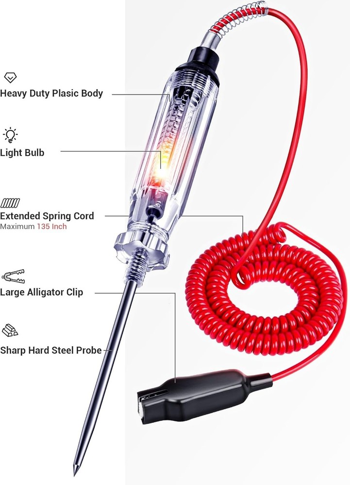 Heavy Duty 6-24V Circuit Tester with Replacement Bulb & Sharp Probe for Vehicles