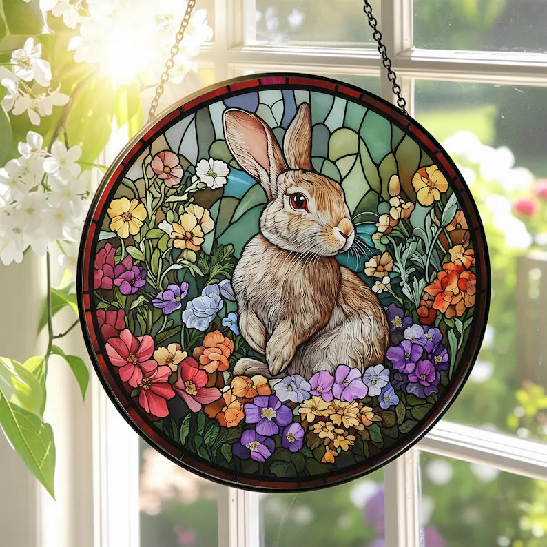 Rabbit Stained Glass Suncatcher Easter Decor Window