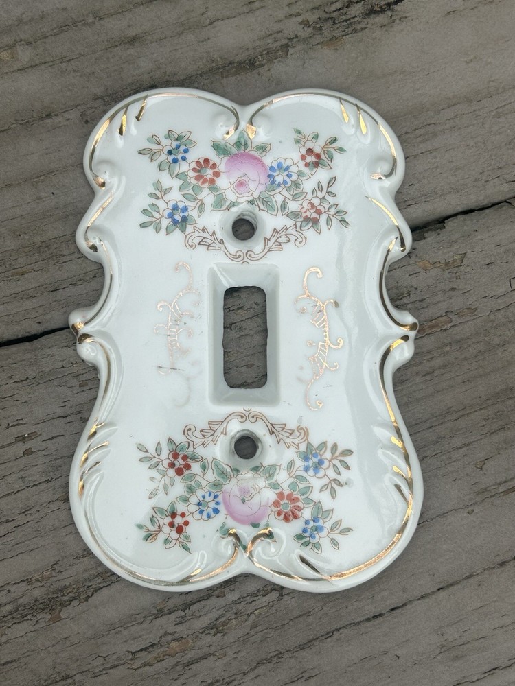 Vintage Japan Hand Painted Floral Porcelain Single Light Switch Cover