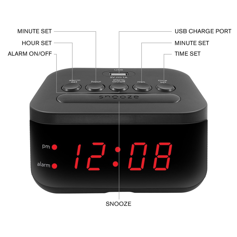 Digital Alarm Clock Midnight Black USB Charge Port Red LED Display