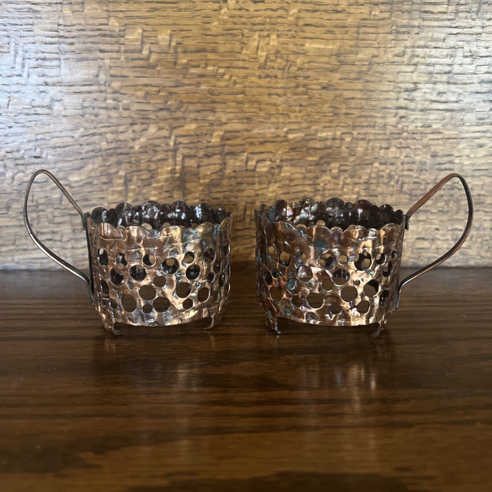 2 Unique Copper Tea Glass Cup Holders ~ Vintage