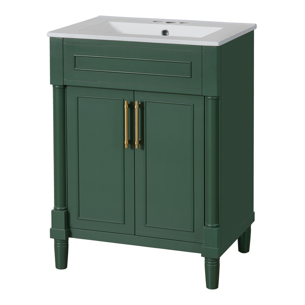 24 in Small Bathroom Vanity w/ Ceramic Sink & 2 Doors, Solid Wood&MDF, Green
