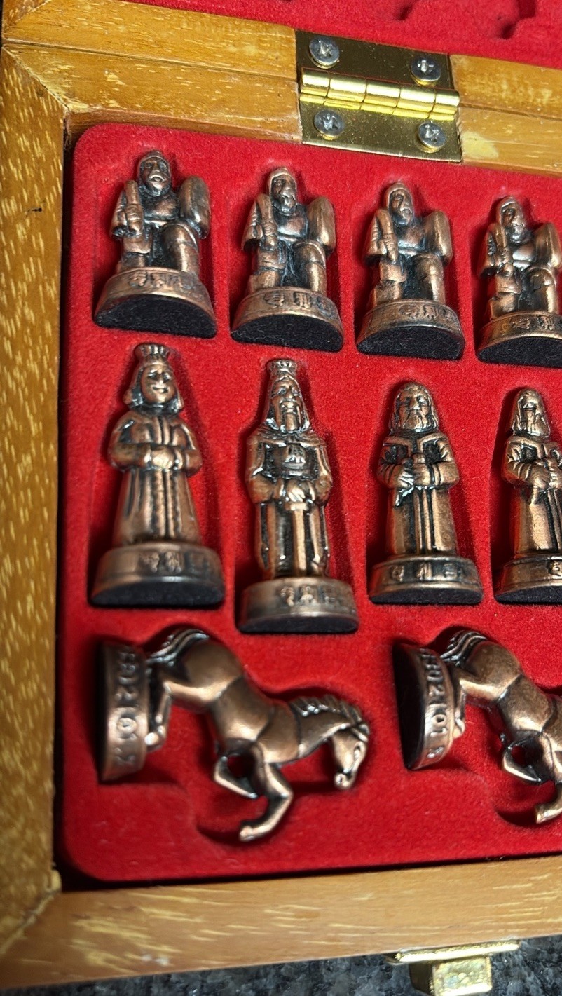 Chess Travel Hinged Wood Board Metal Bronze Silver Pieces Set Small Mini