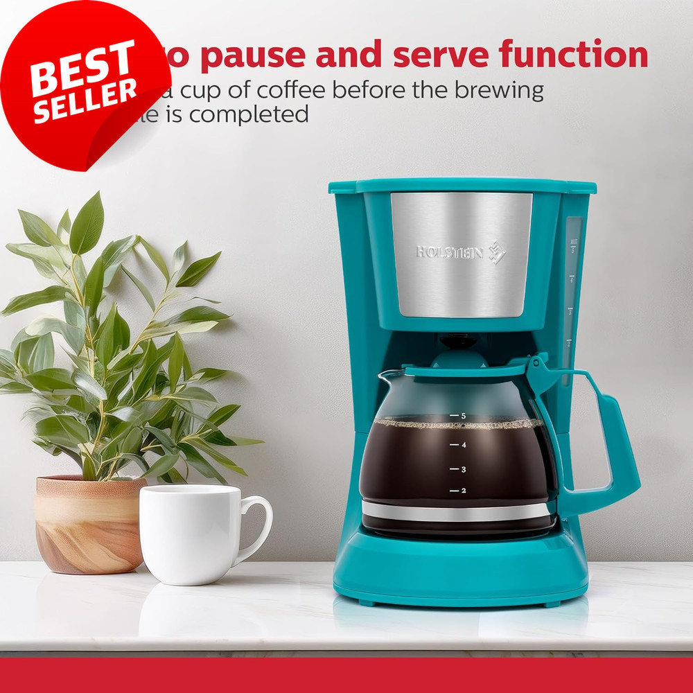 5-Cup Drip Coffee Maker, Auto Pause, Reusable Filter, Glass Carafe, Teal